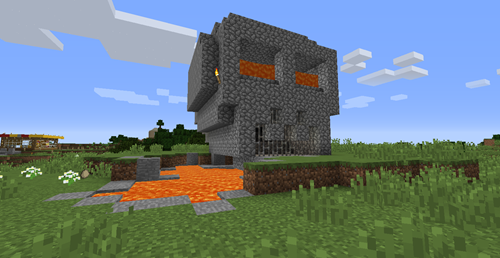 Three quarters view of the skull with lava eyes in Minecraft