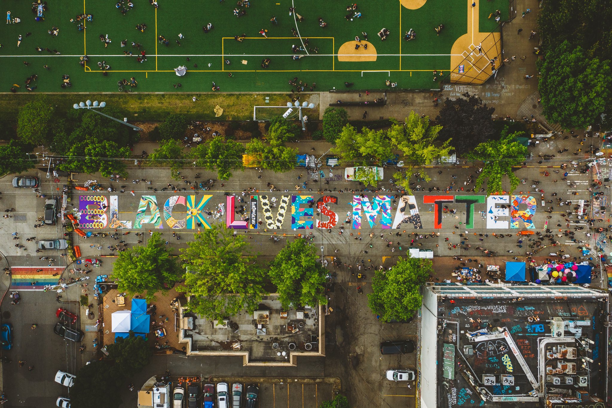 Aerial view of Black Lives Matter mural in Seattle's Capitol Hill neighborhood