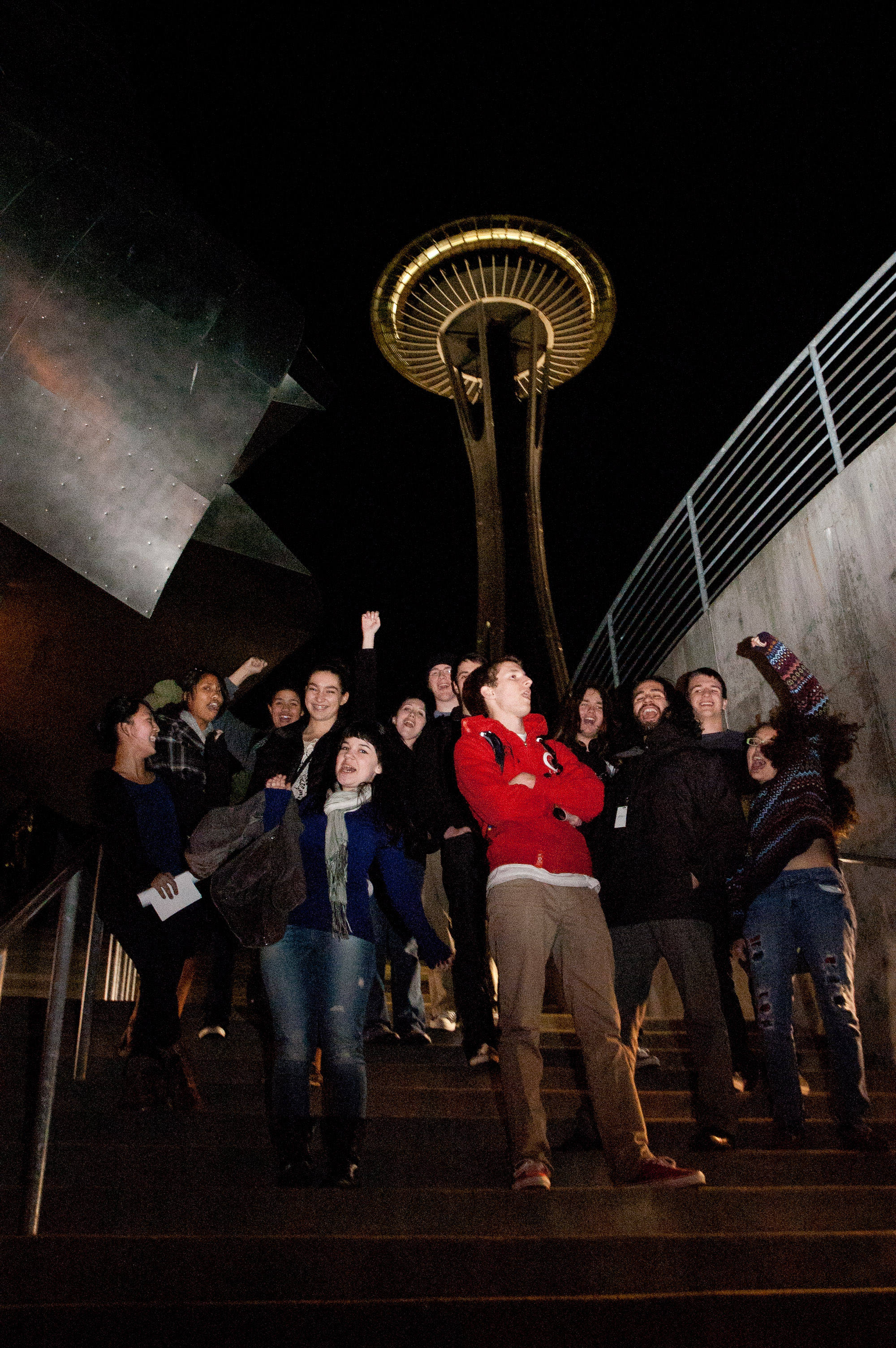 MoPOP Youth Advisory Board poses under Space Needle