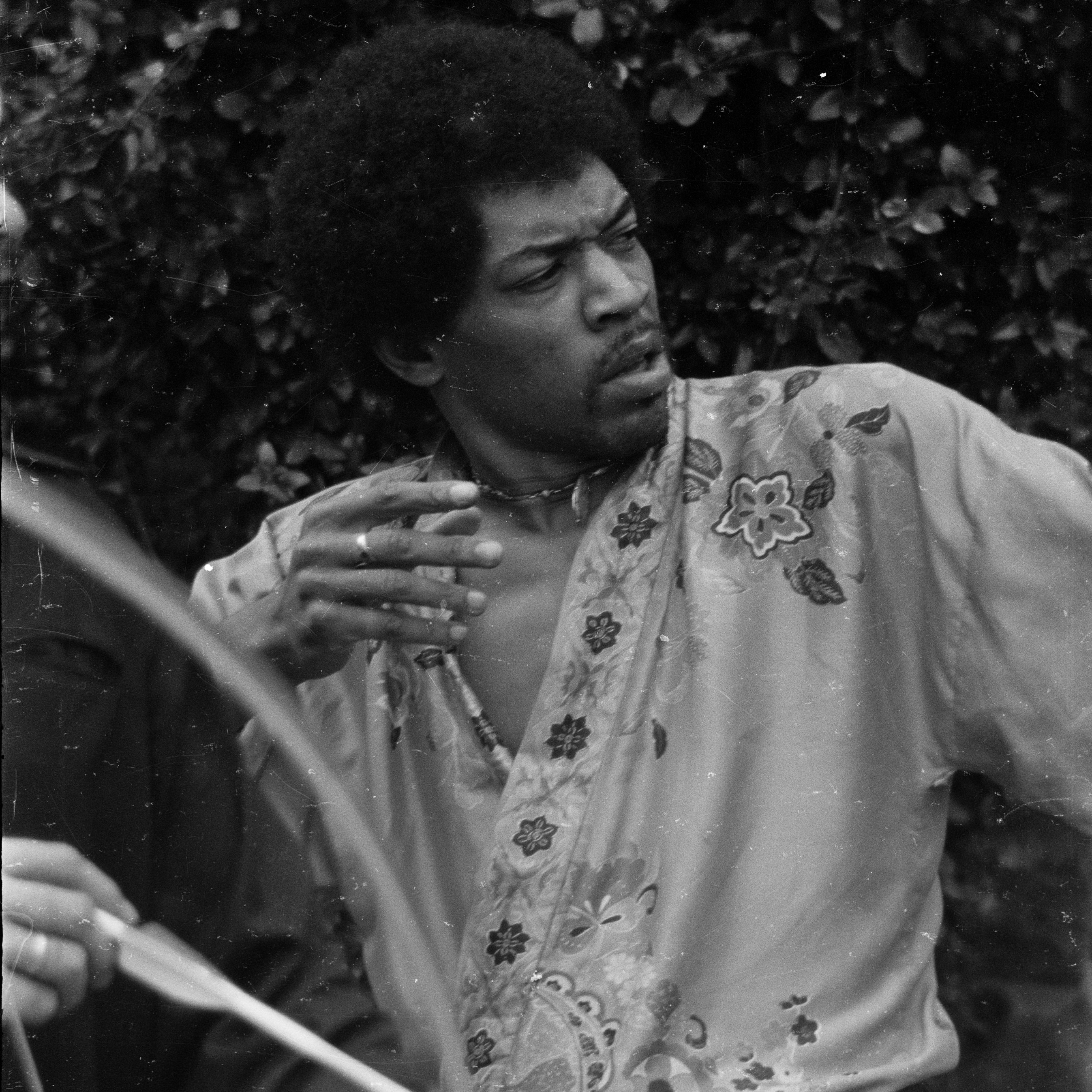 Jimi Hendrix wearing kimono at Woodstock rehearsals in upstate New York in August 1969