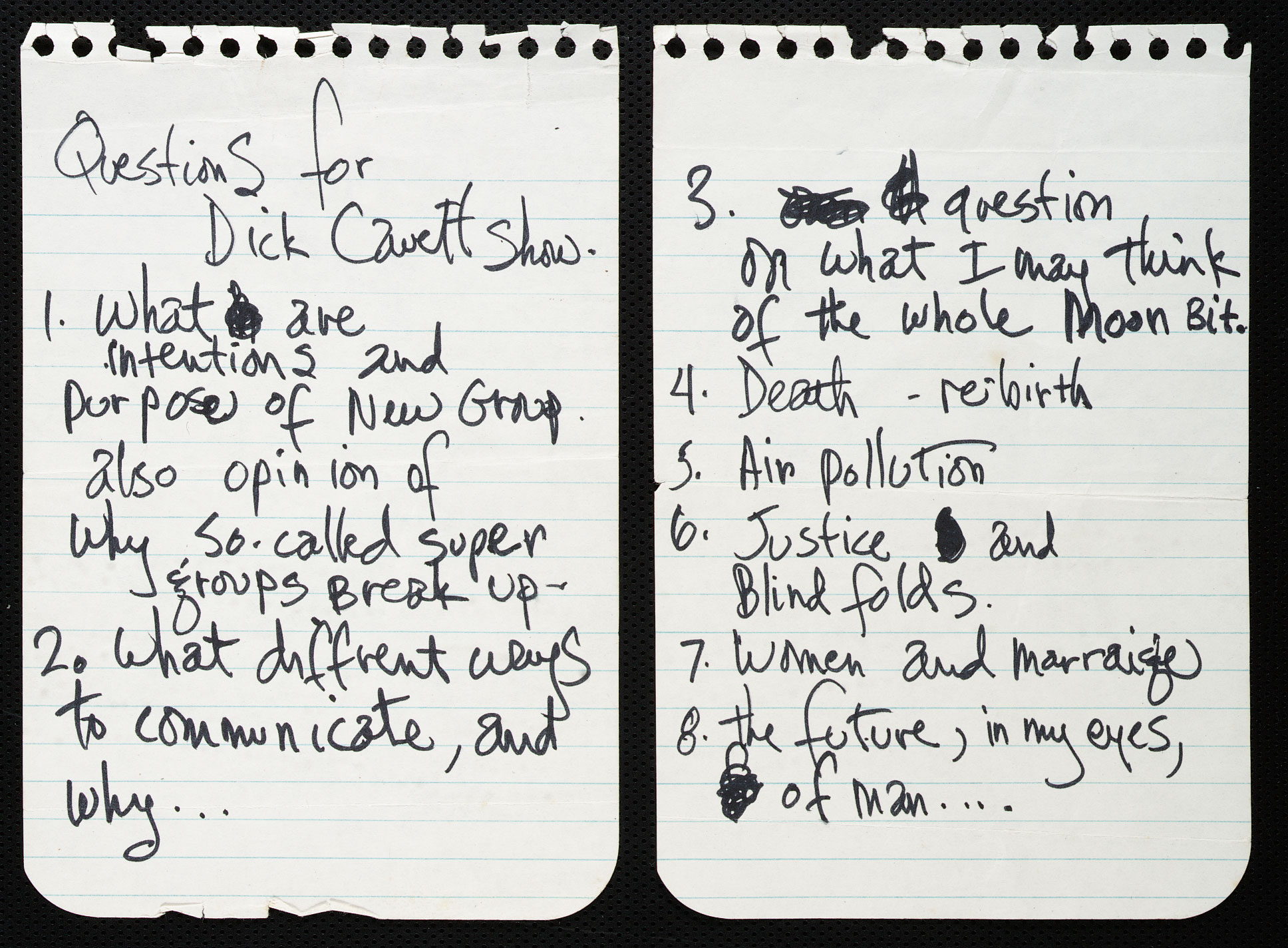 Questions for 'The Dick Cavett' Show Handwritten by Jimi Hendrix (1969)