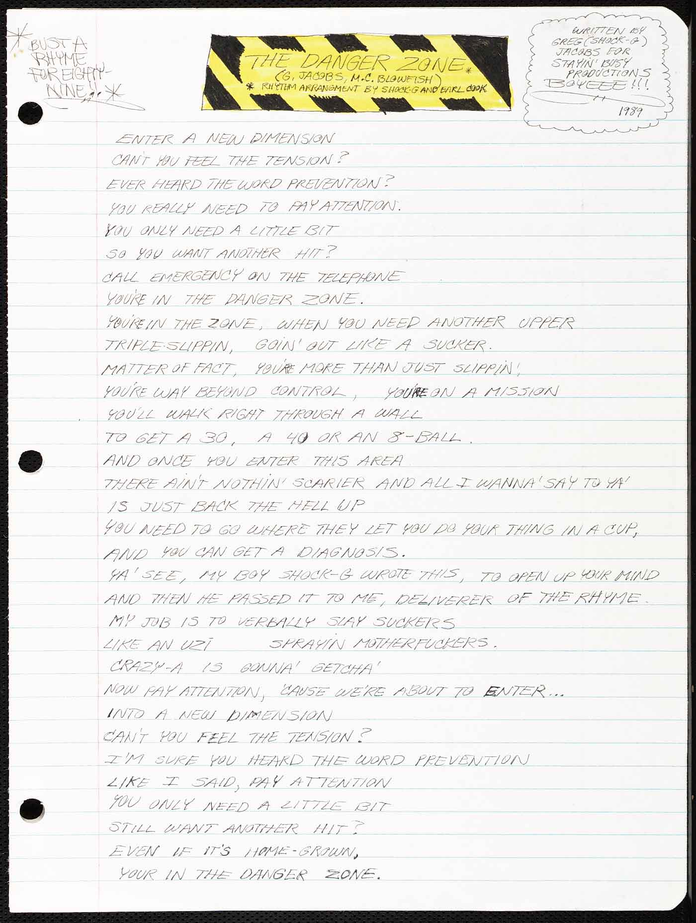 "The Danger Zone" Handwritten Lyrics by Shock G, 1989